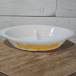 Vintage Glasbake Divided Casserole Dish Yellow Daisy Milk Glass Oval Bowl
